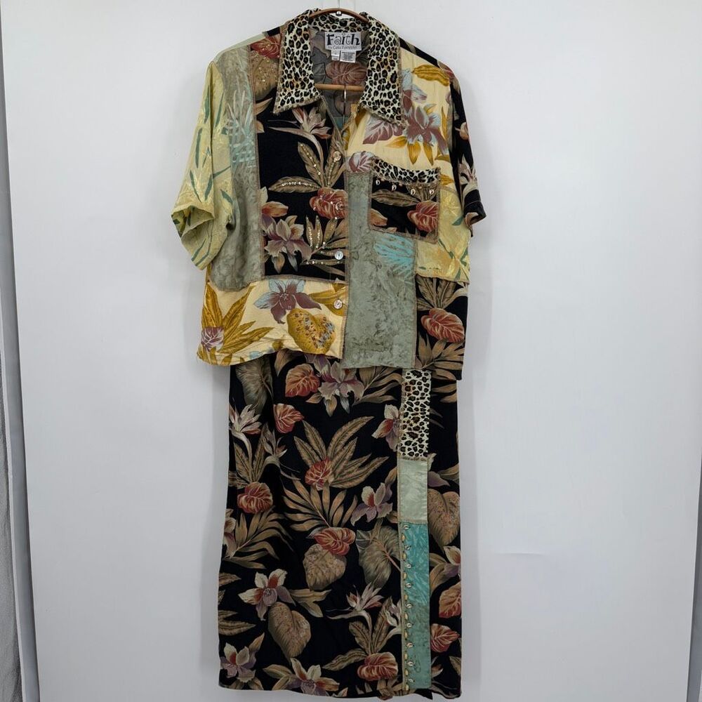 VTG Faith by Gala Farrington Patchwork Floral Skirt Set 2pc Leopard Accent